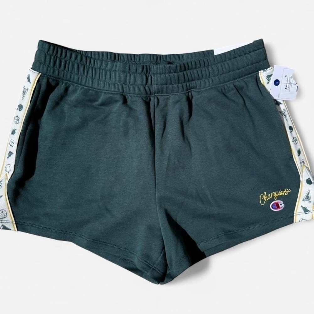 Champion French Terry Shorts Womens Large Pine Green Logo Side Tape Pockets NWT